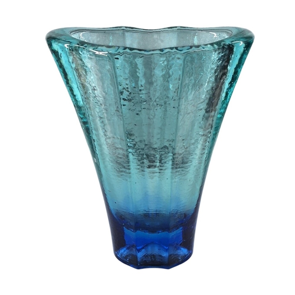 Fire & Light Cobalt Blue Recycled Glass Aurora Vase Scalloped 9.5" Signed